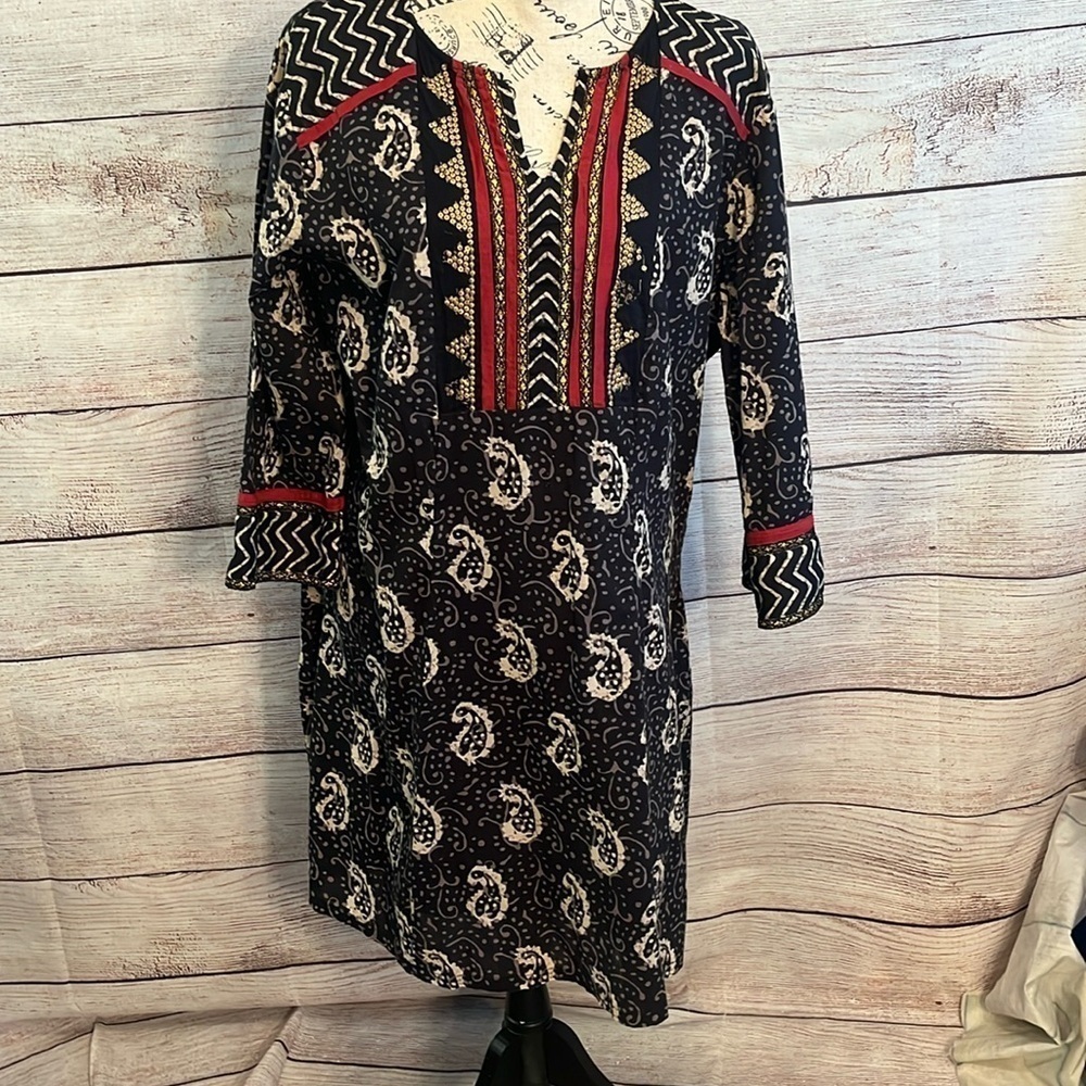 J Peterman Dress Black Paisley V-neck Sequins Ribbons 100% Cotton Lined